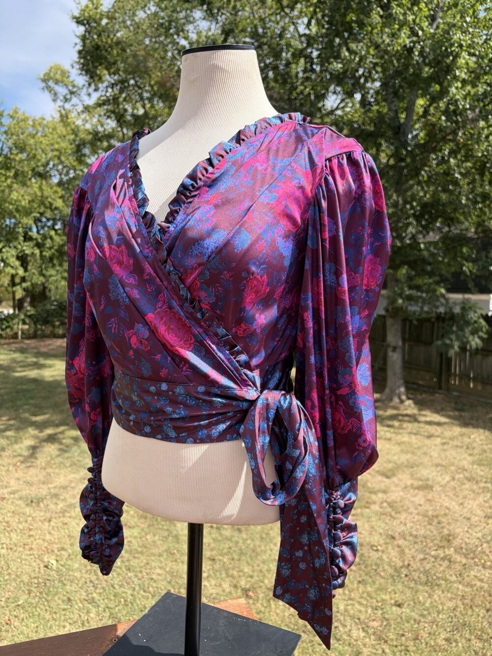 For Love & Lemons Jewel Tones Crop Blouse Silky Whimsigoth Wrap Medium Romantic